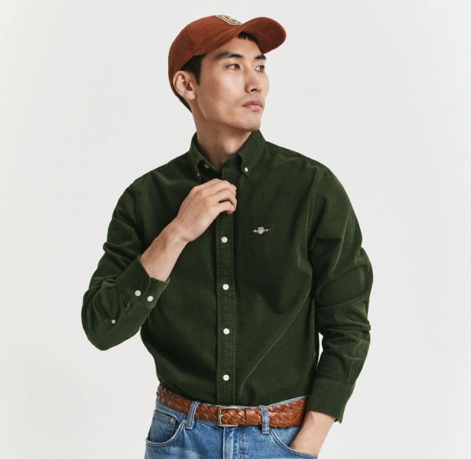 GANT Erkek Yeşil Regular Fit Düğmeli Yaka Kadife Gömlek