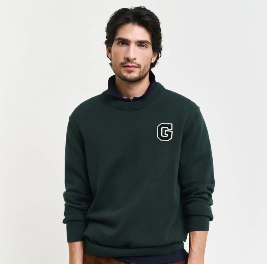 GANT Erkek Yeşil Relaxed Fit Bisiklet Yaka Logolu Kazak