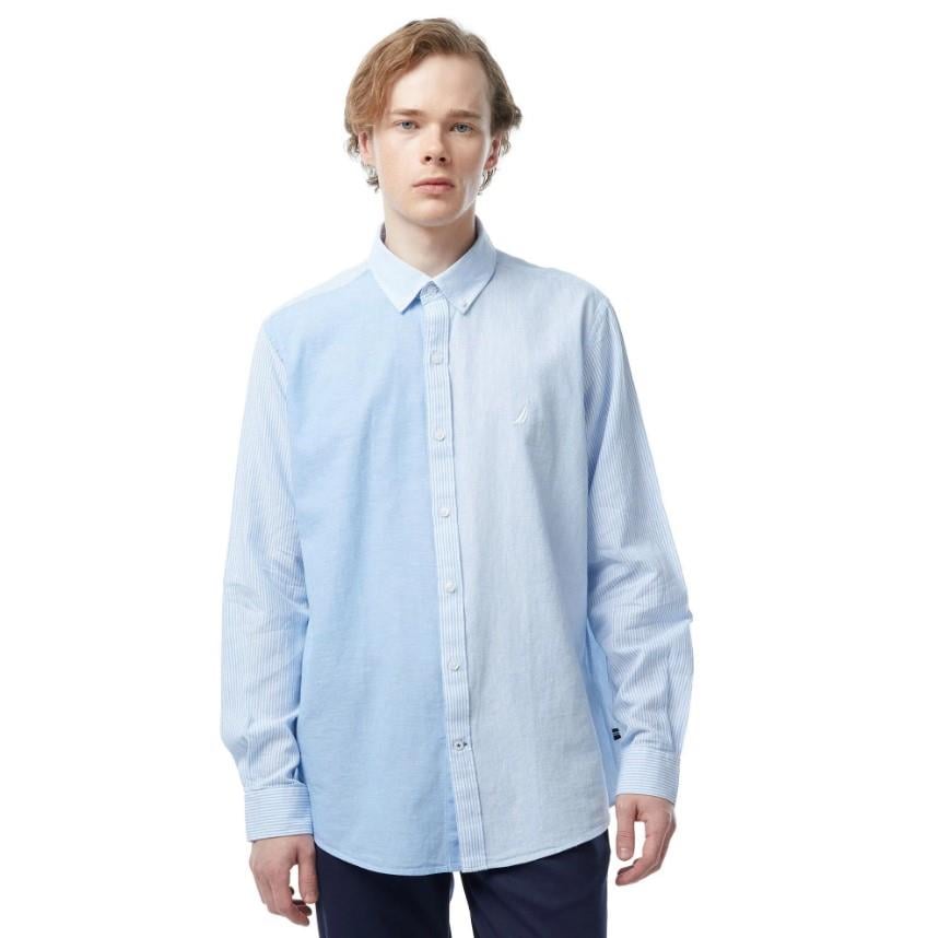 Nautica Erkek Mavi Classic Fit Uzun Kollu Renk Bloklu Gömlek