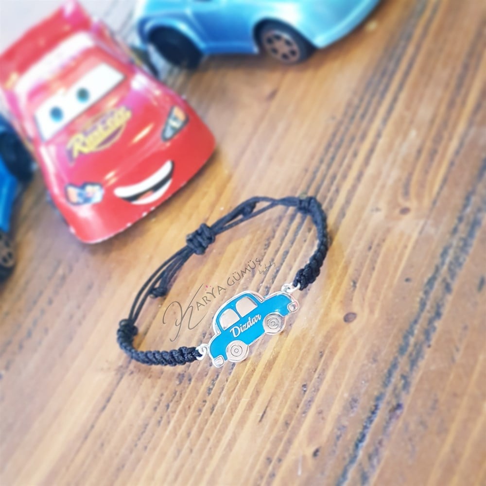 Mavi Mineli Araba İsimli Bebek Çocuk Gümüş Bileklik