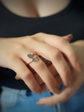 İkili Kalp Parmak İzi Gümüş Yüzük