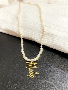 İncili Dikey İmza İsim Gümüş Kolye