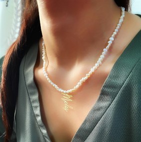 İncili Dikey İmza İsim Gümüş Kolye