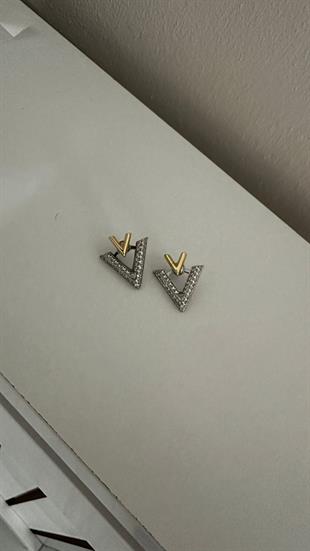 Orjinal Marka Zirkon Taşlı İki Renkli V Küpe