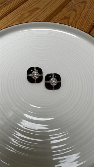 Ortası İnci Zirkon Taşlı Siyah Küpe