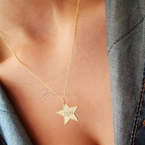 Kabartmalı İsim Detay Yıldız Gümüş Kolye