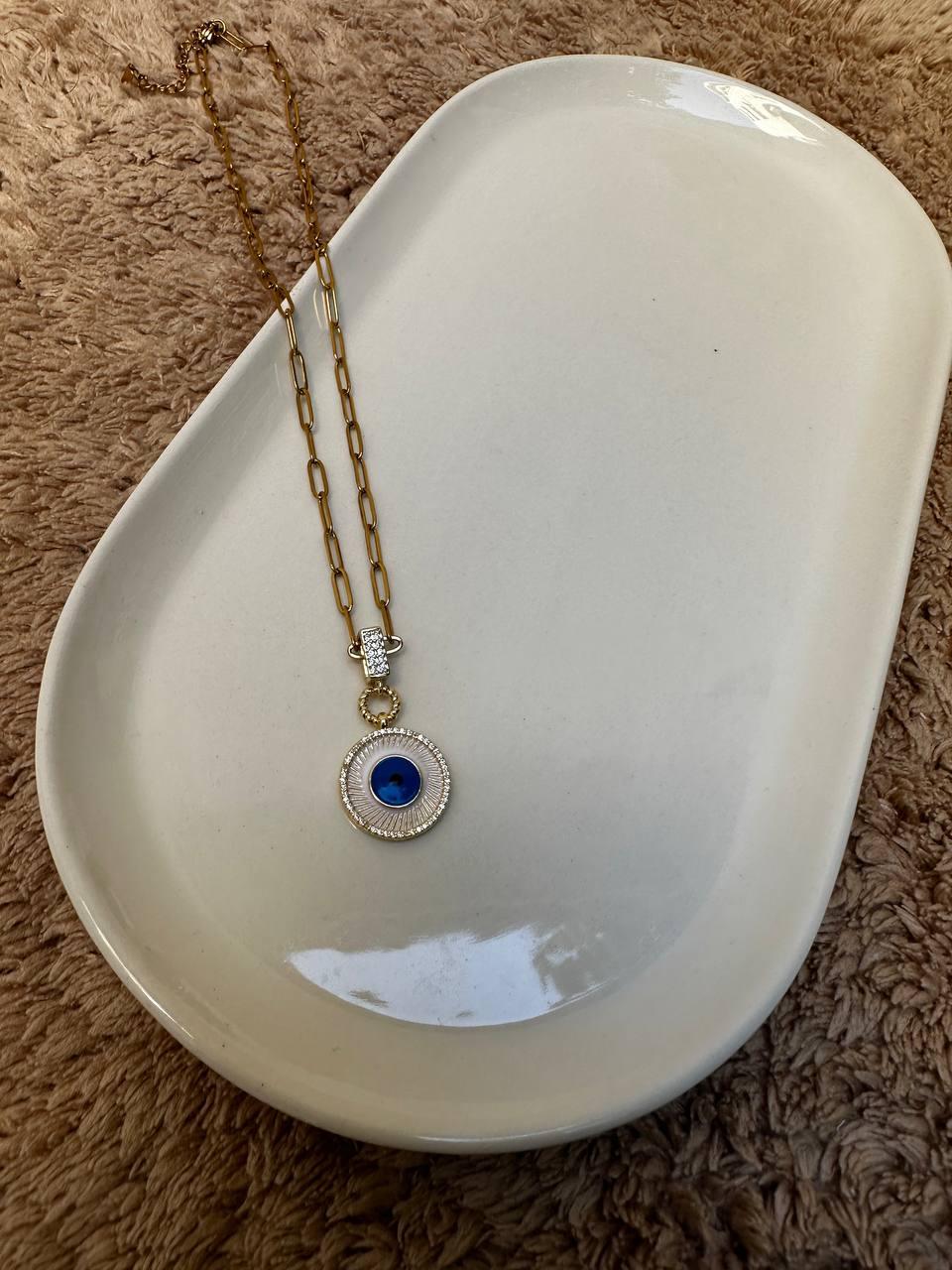 Ataç Zincirli Kenarları Zirkon Taşlı Mineli Nazar Boncuğu Kolye