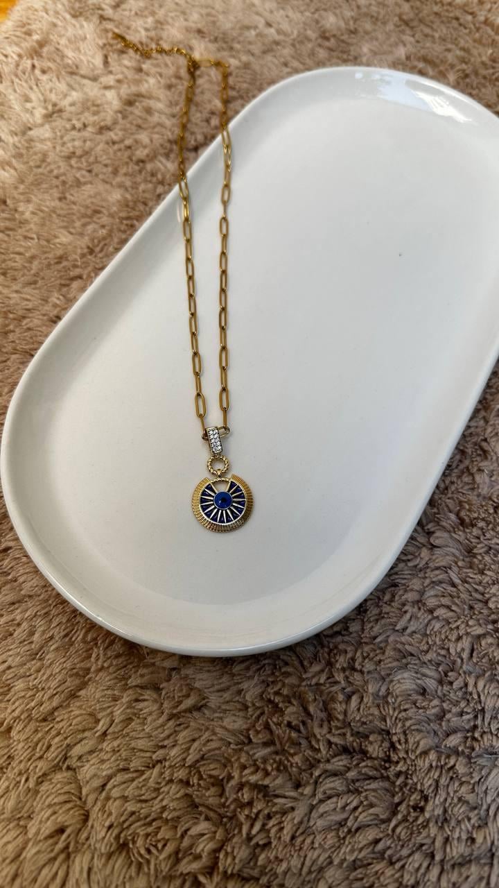 Ataç Zincirli Zirkon Taş Detay Mavi Mineli Nazar Boncuğu Kolye