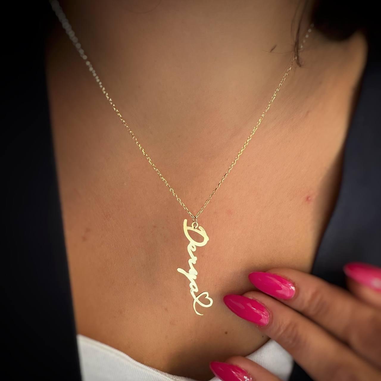 İçi Boş Kalp Detay Dikey İmza Gümüş Kolye