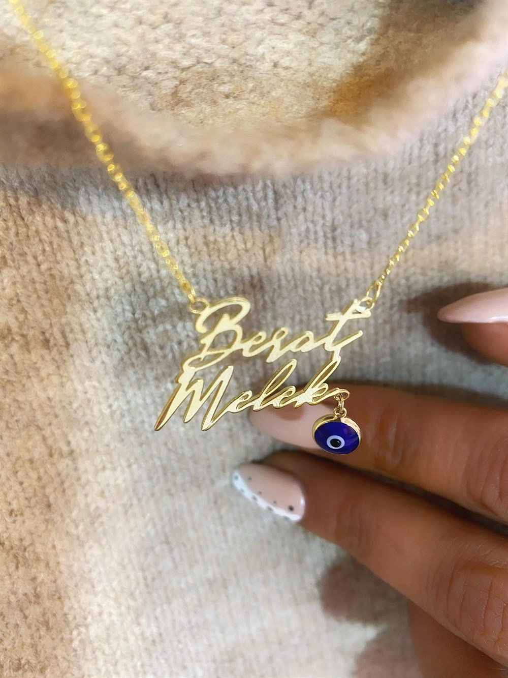 İki İsim Sallantılı Nazar Boncuğu Gümüş Kolye