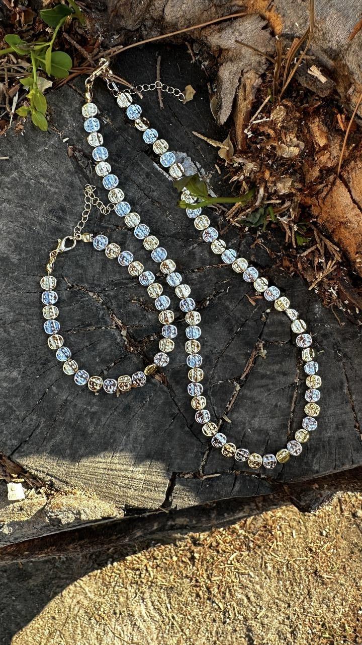 İki Renkli Ezme Plaka Kolye Bileklik Set