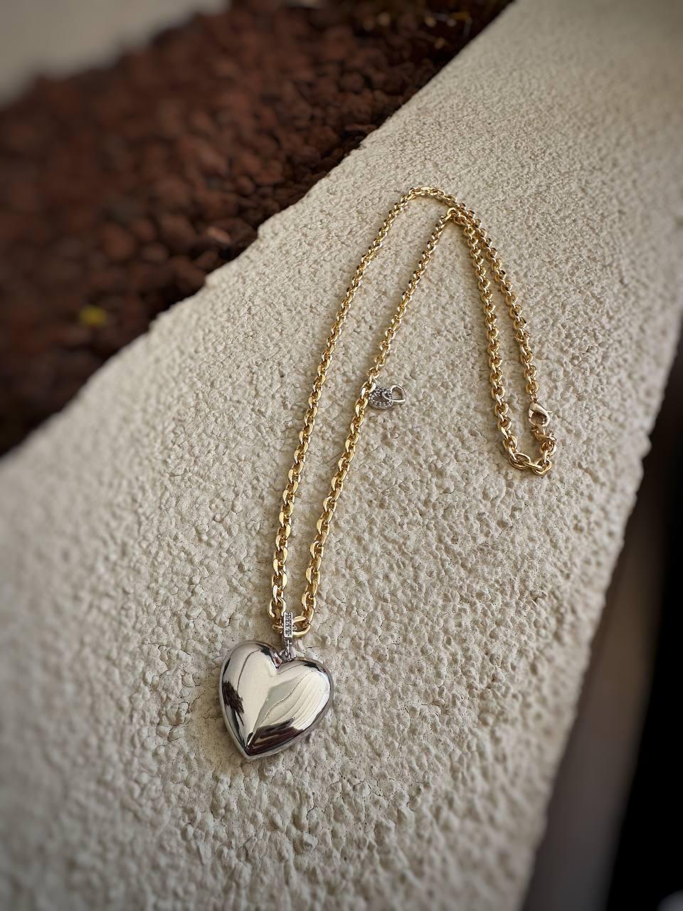 İki Renkli Tombul Kalp Çelik Kolye