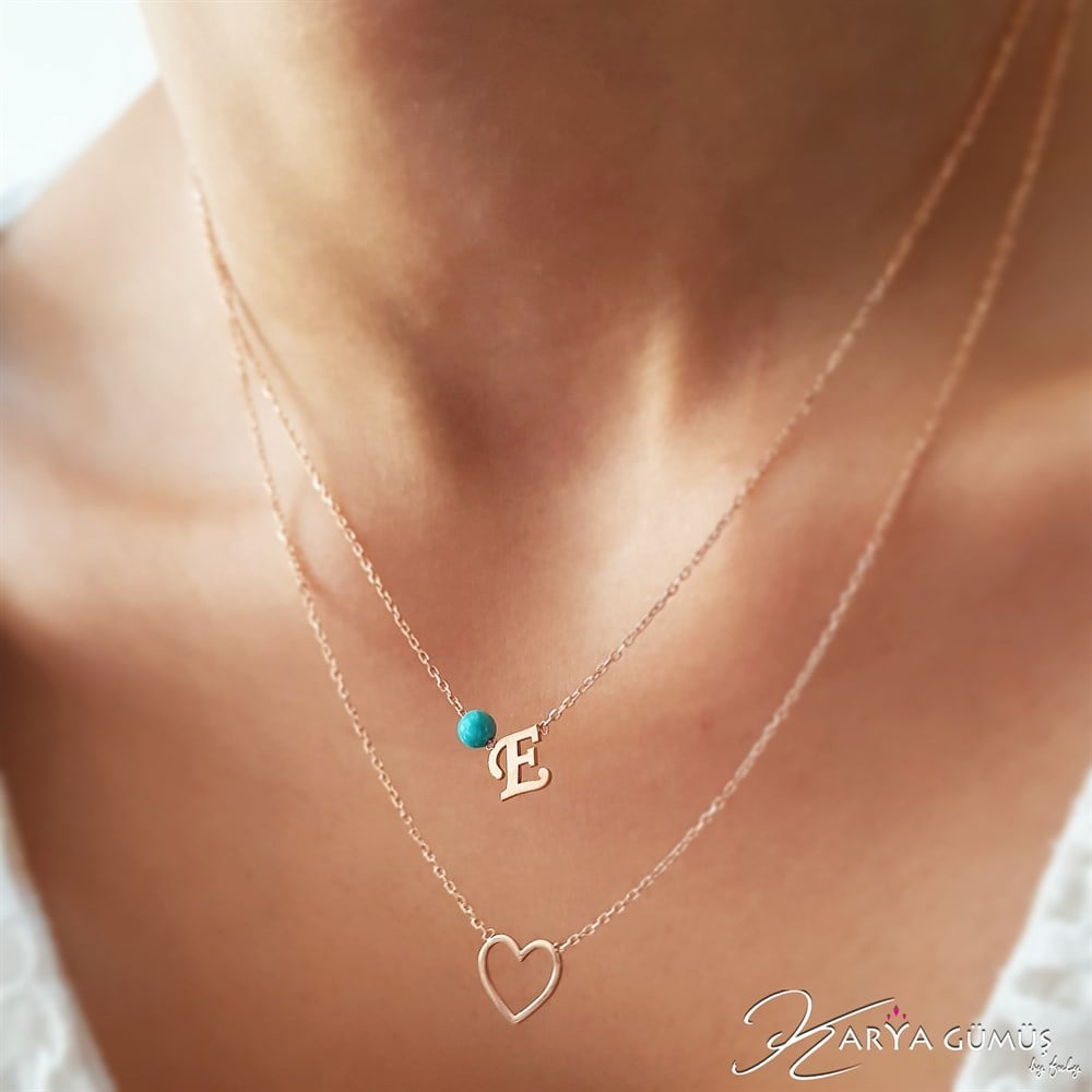 İKİLİ HARF İÇİ BOŞ KALP GÜMÜŞ KOLYE
