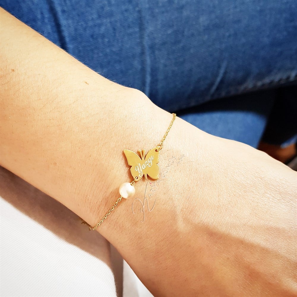 İncili Kelebek İsim Gümüş Bileklik