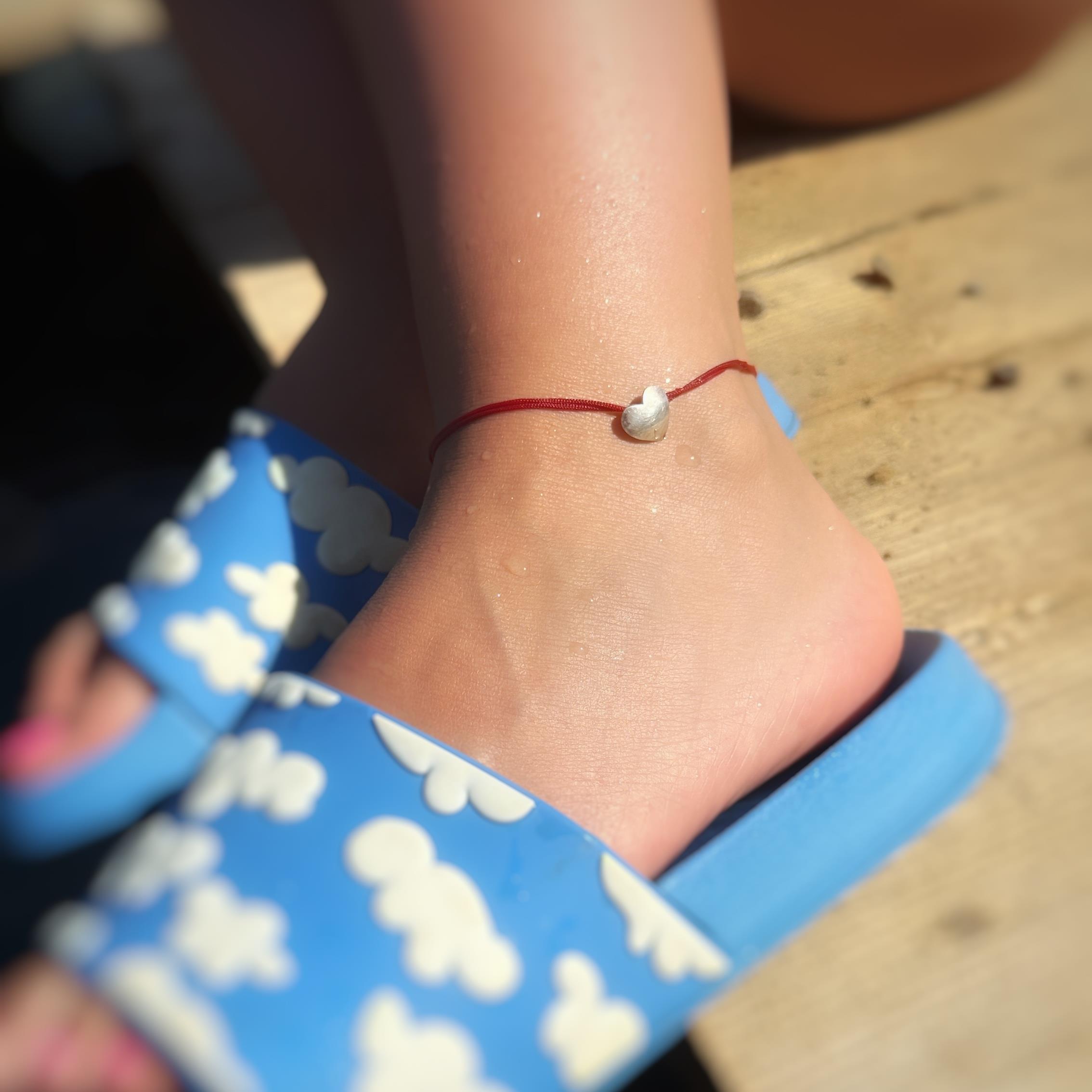 Kalın Kalp Kırmızı İp Gümüş Halhal