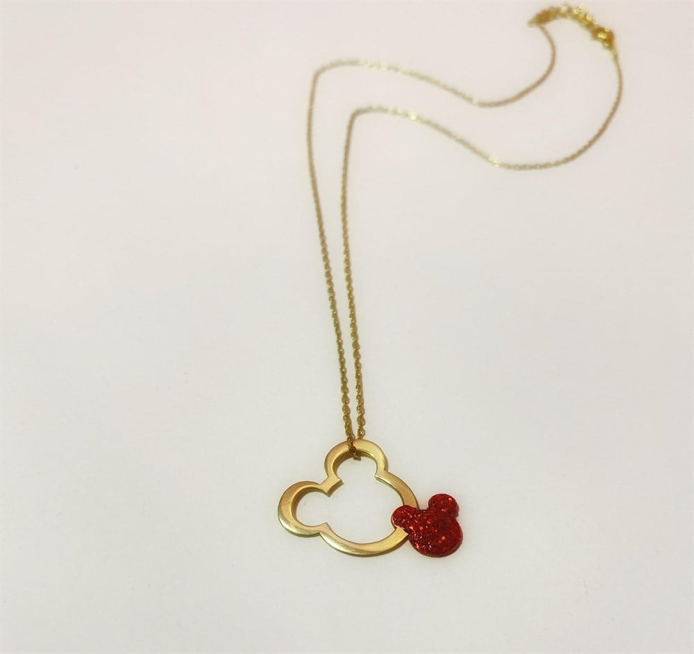 Kırmızı Mineli İkili Mickey Gümüş Kolye