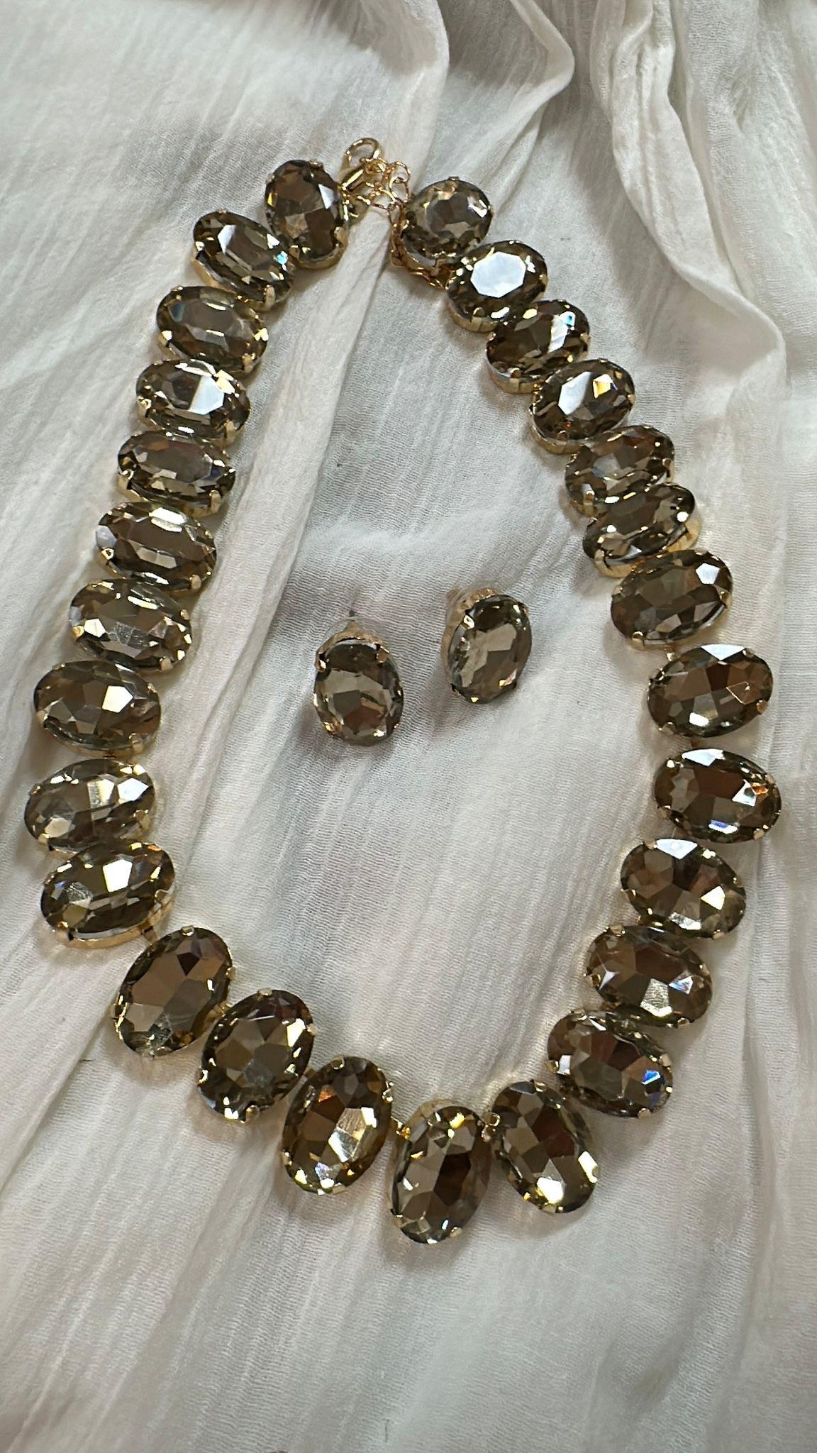 Kristal Kesim Yağ Yeşili Zirkon Taşlı Kolye Küpe Set