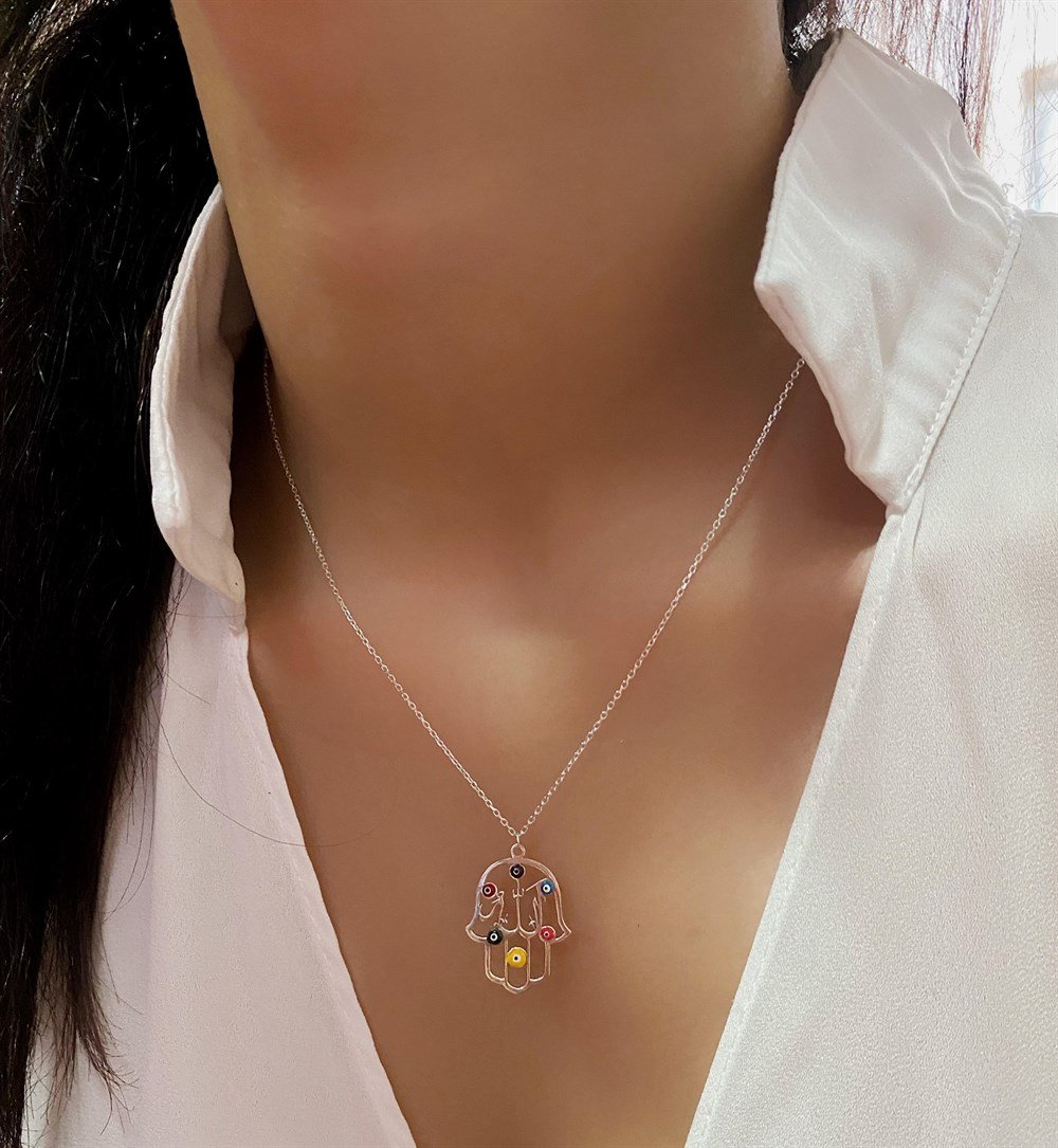 Minimal Nazar Boncuklu Bereket Eli Allah Lafzı Gümüş Kolye
