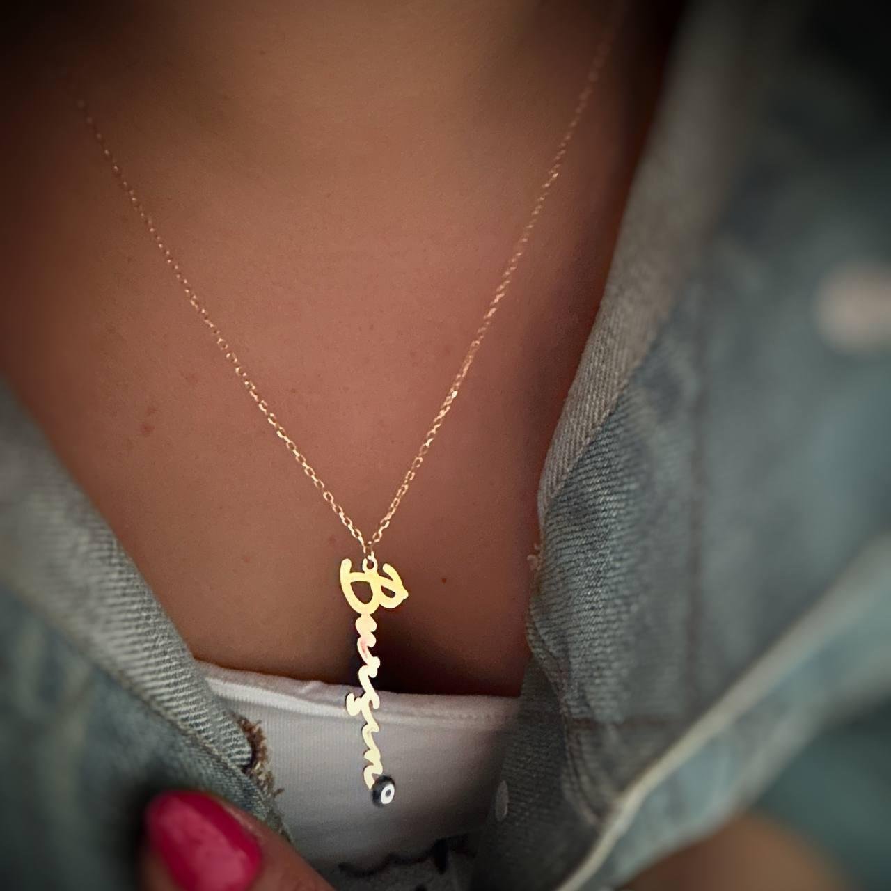 Nazar Boncuğu Detay Dikey İmza İsim Gümüş Kolye