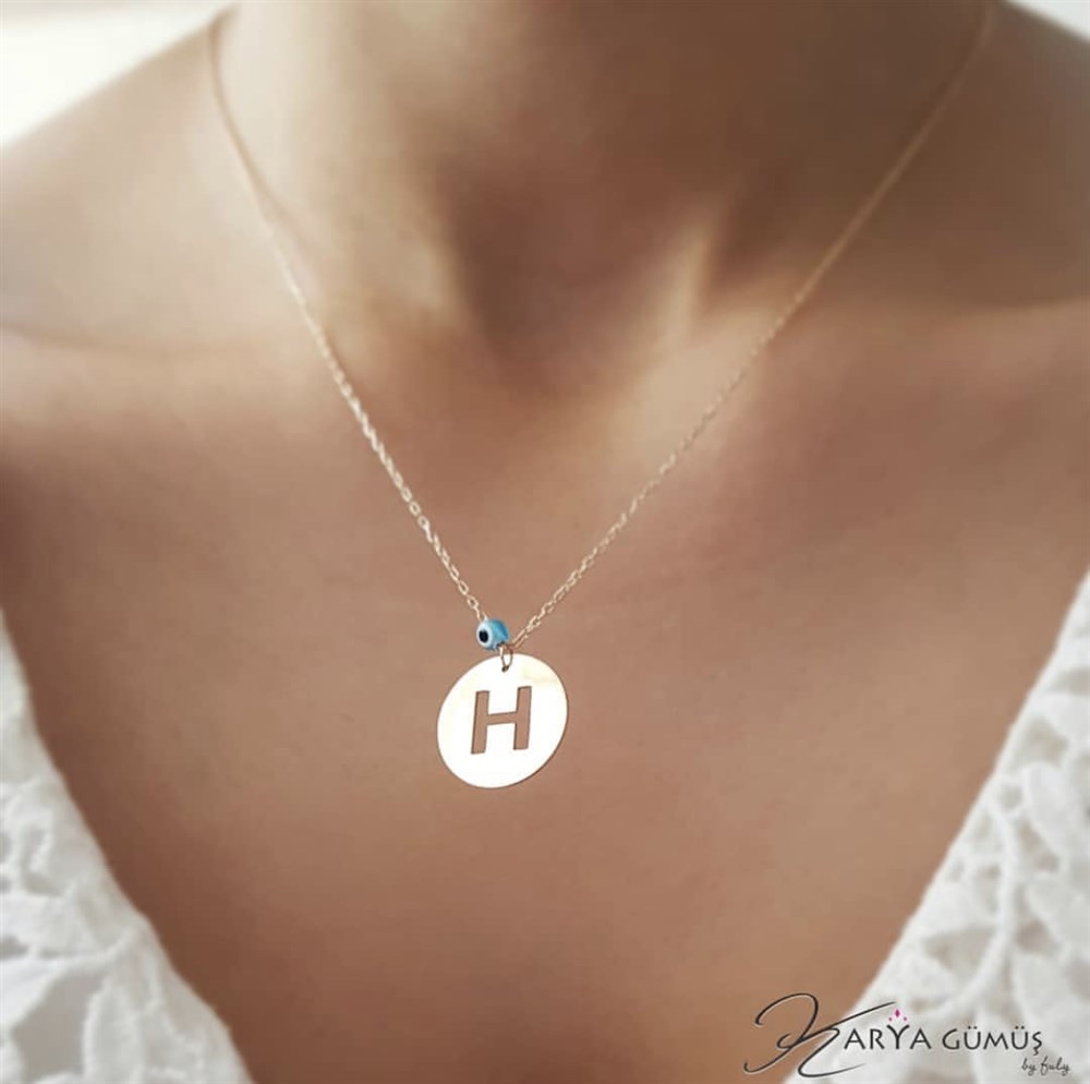 Nazar Boncuklu Harfli Plaka Gümüş Kolye