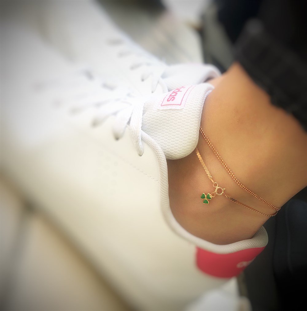 Topçuk Zincir Örgü Zincir Yonca Figürlü Kombin Gümüş Halhal