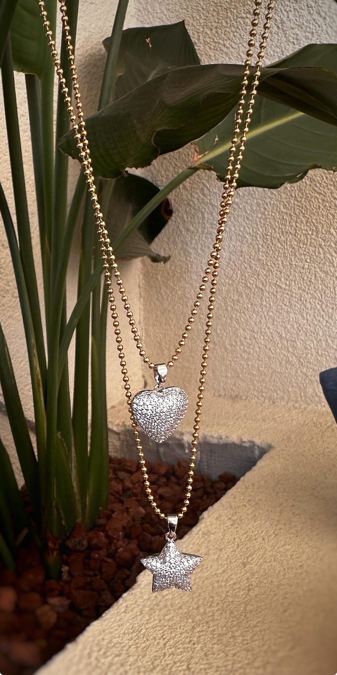 Topçuk Zincir Zirkon Taşlı Küçük Boy Kalp - Yıldız Çelik Kolye