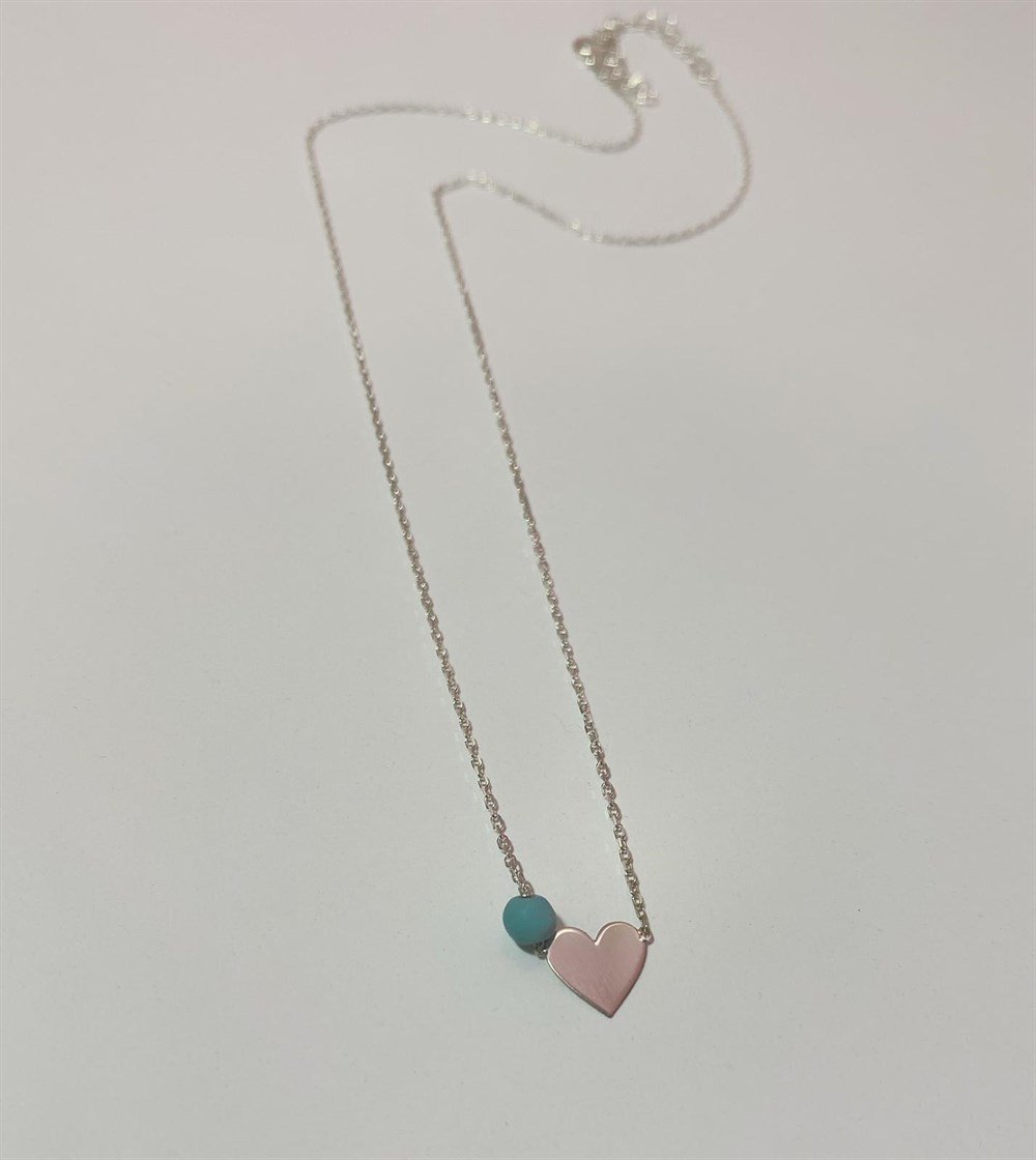 Turkuaz Boncuklu Minik Kalp Gümüş Kolye