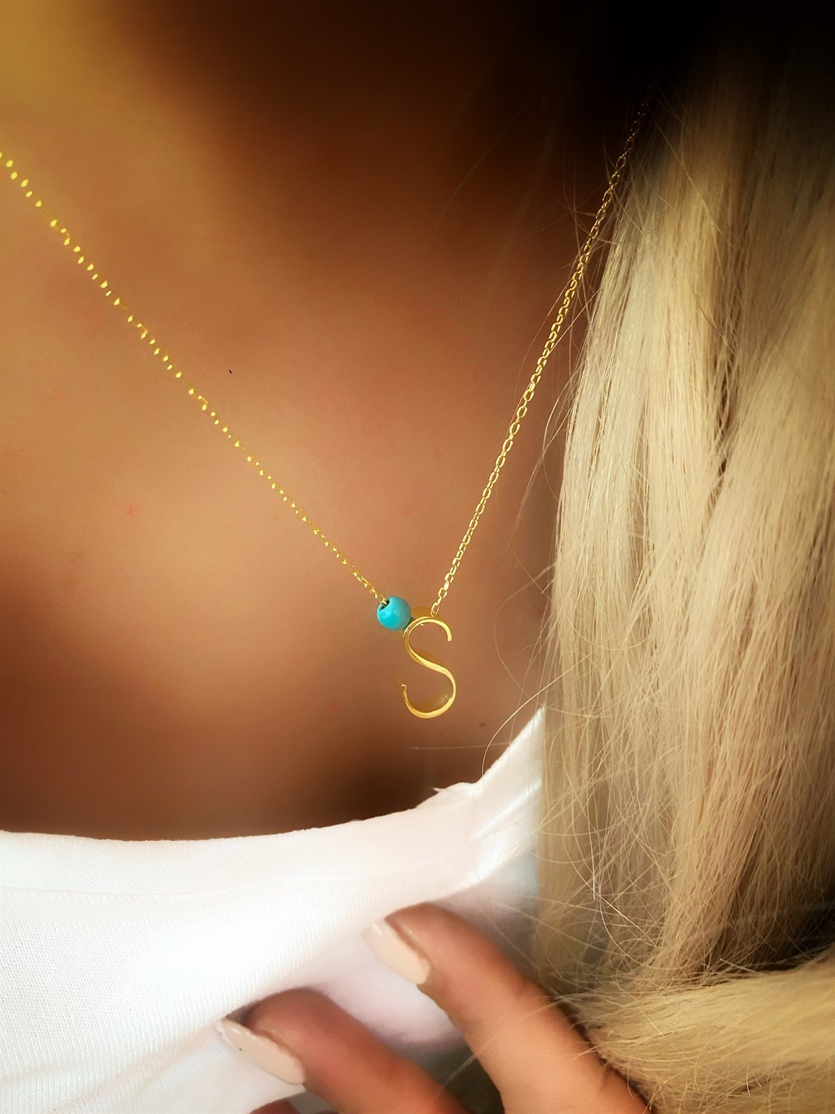 Turkuaz Taşlı Harf Gümüş Kolye