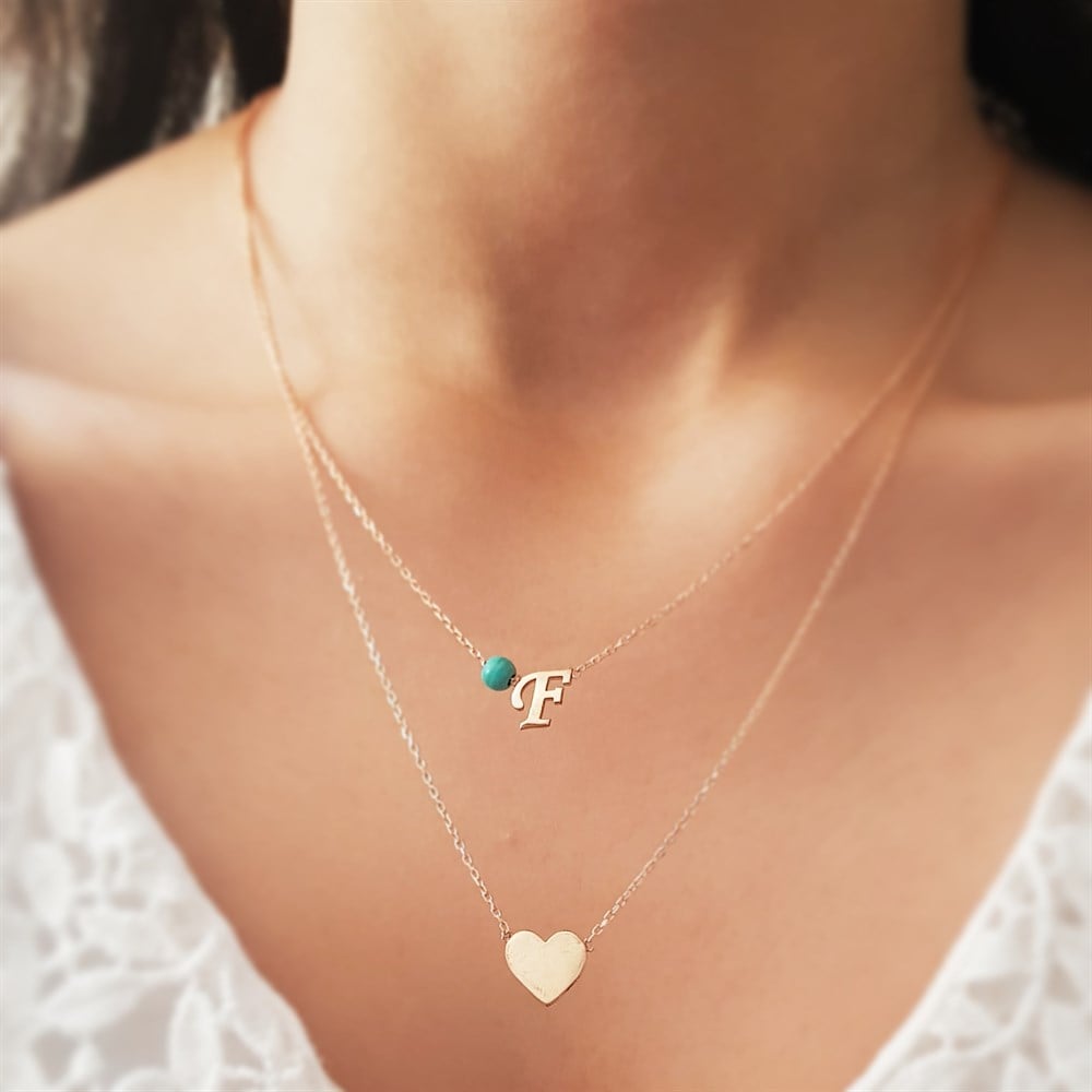 TURKUAZ TAŞLI İKİLİ KAL FİGÜRLÜ HARF GÜMÜŞ KOLYE