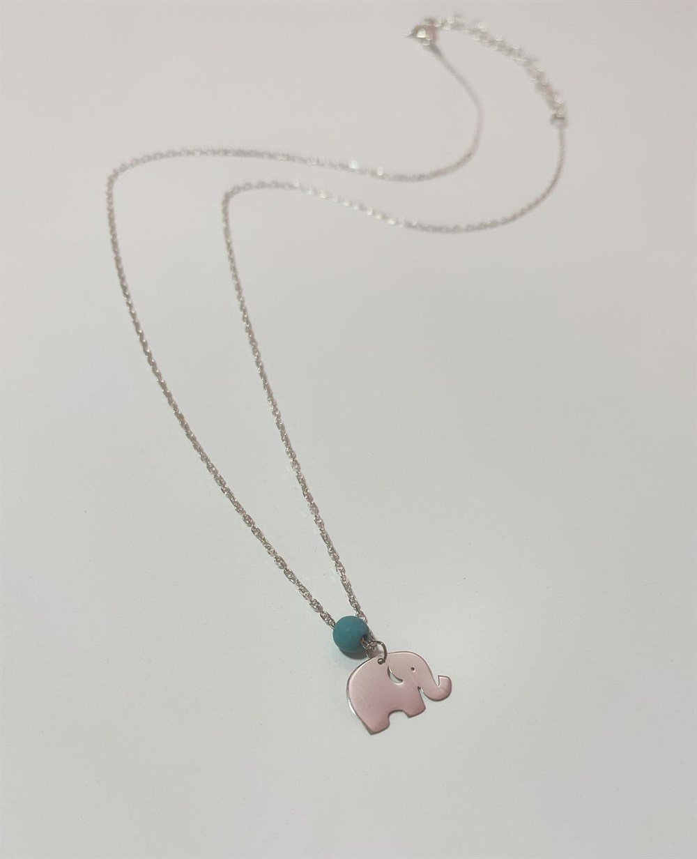 Turkuaz Taşlı Minik Fil Gümüş  Kolye