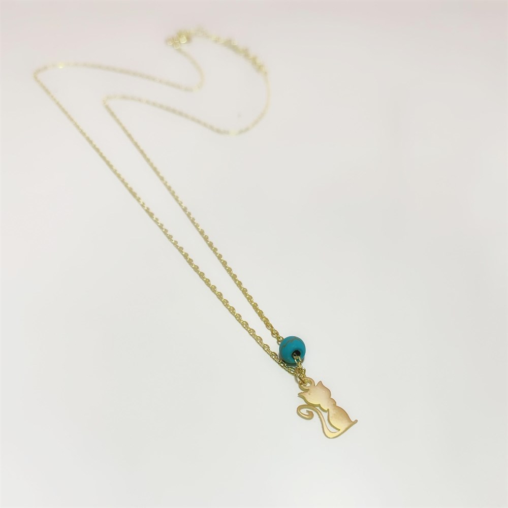 Turkuaz Taşlı Minik Kedi Gümüş Kolye