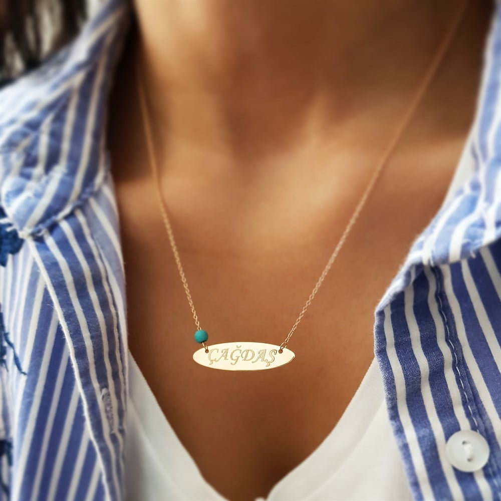 TURKUAZ TAŞLI OVAL PLAKA İSİM GÜMÜŞ KOLYE