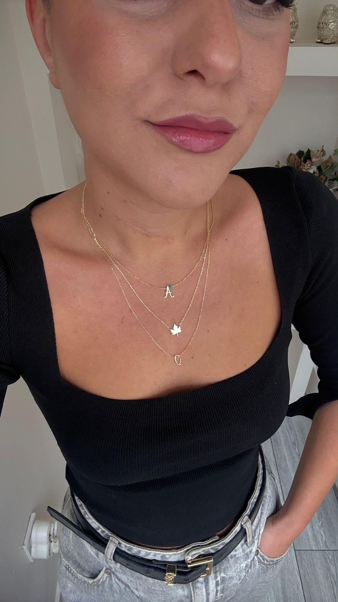 Turkuaz Taşlı Ü Zincirli Harf Çınar Yaprağı Gümüş Kolye