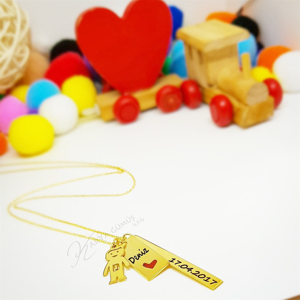 Yeni İkili Çocuk Figürlü İsimli Çubuk Gümüş Kolye