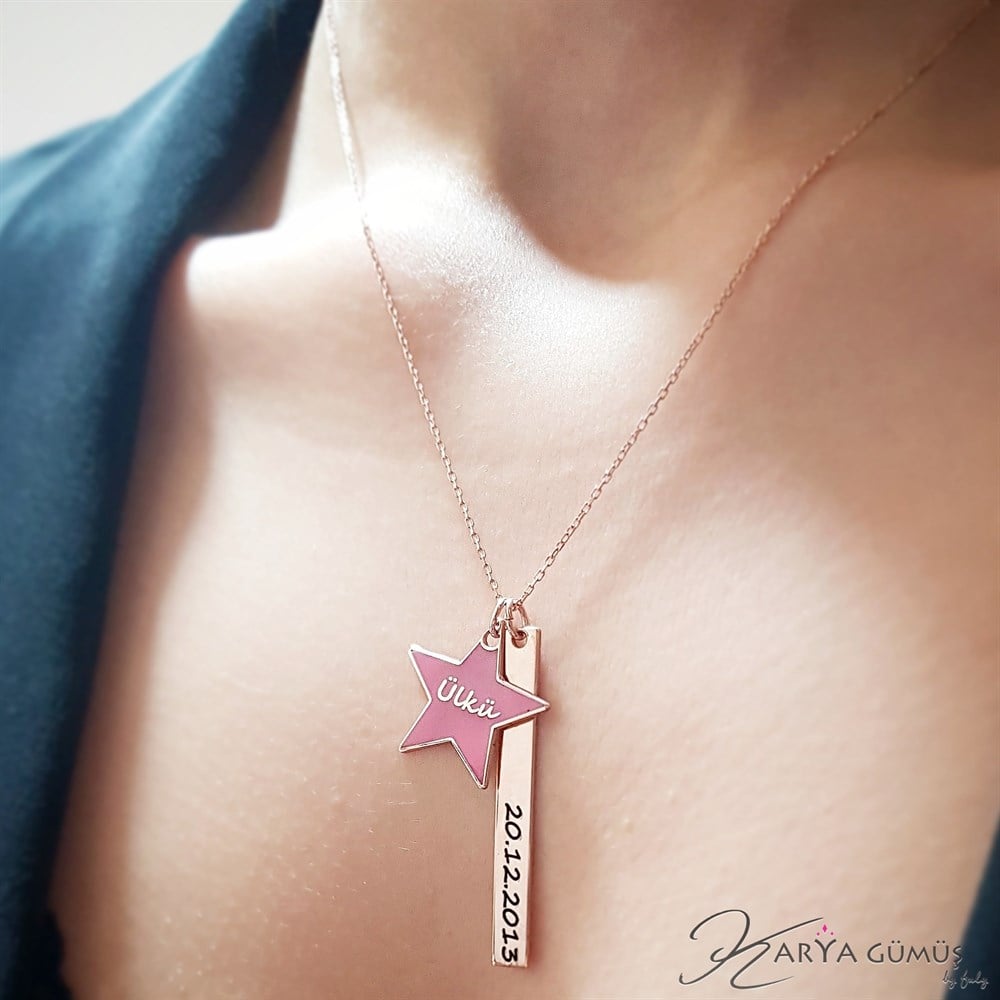 YENİ İKİLİ PEMBE YILDIZ İSİM TARİH GÜMÜŞ KOLYE