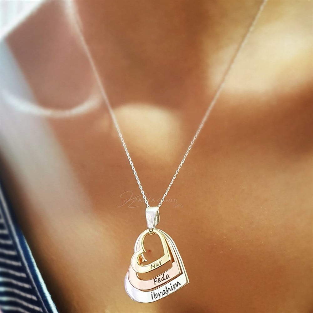 Yeni Üç Kalp İsim Gümüş Kolye