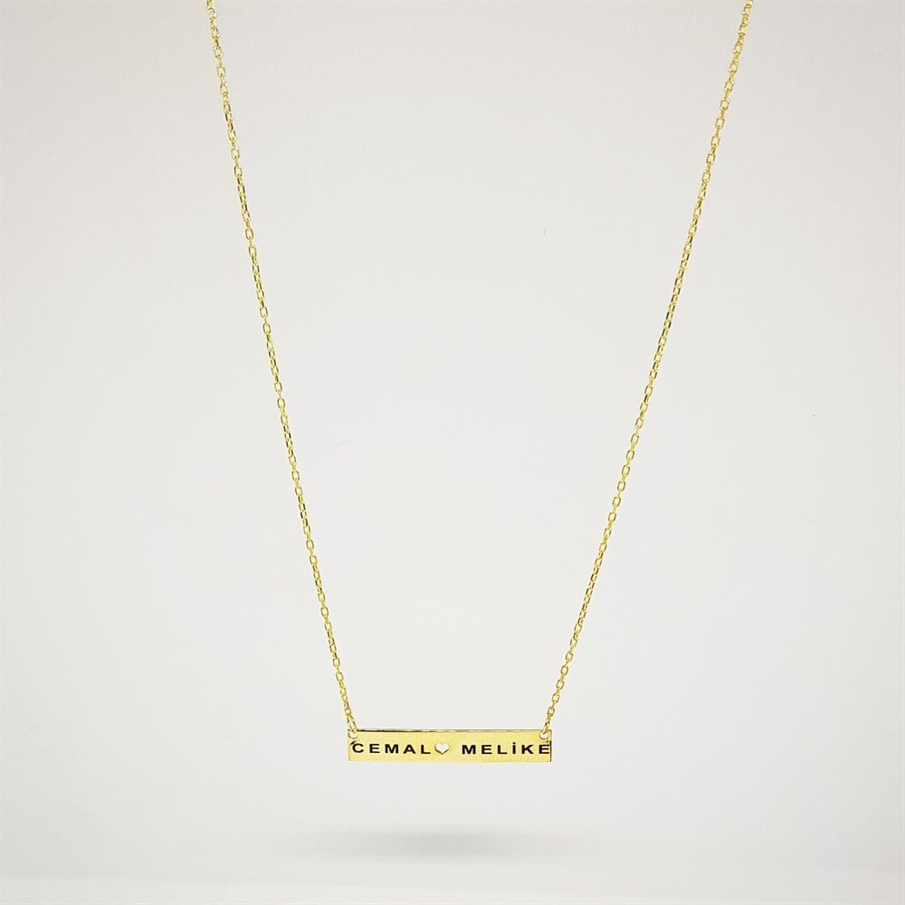 YENİ YATAY ÇUBUK İKİ İSİM ORTASI KALP GÜMÜŞ KOLYE