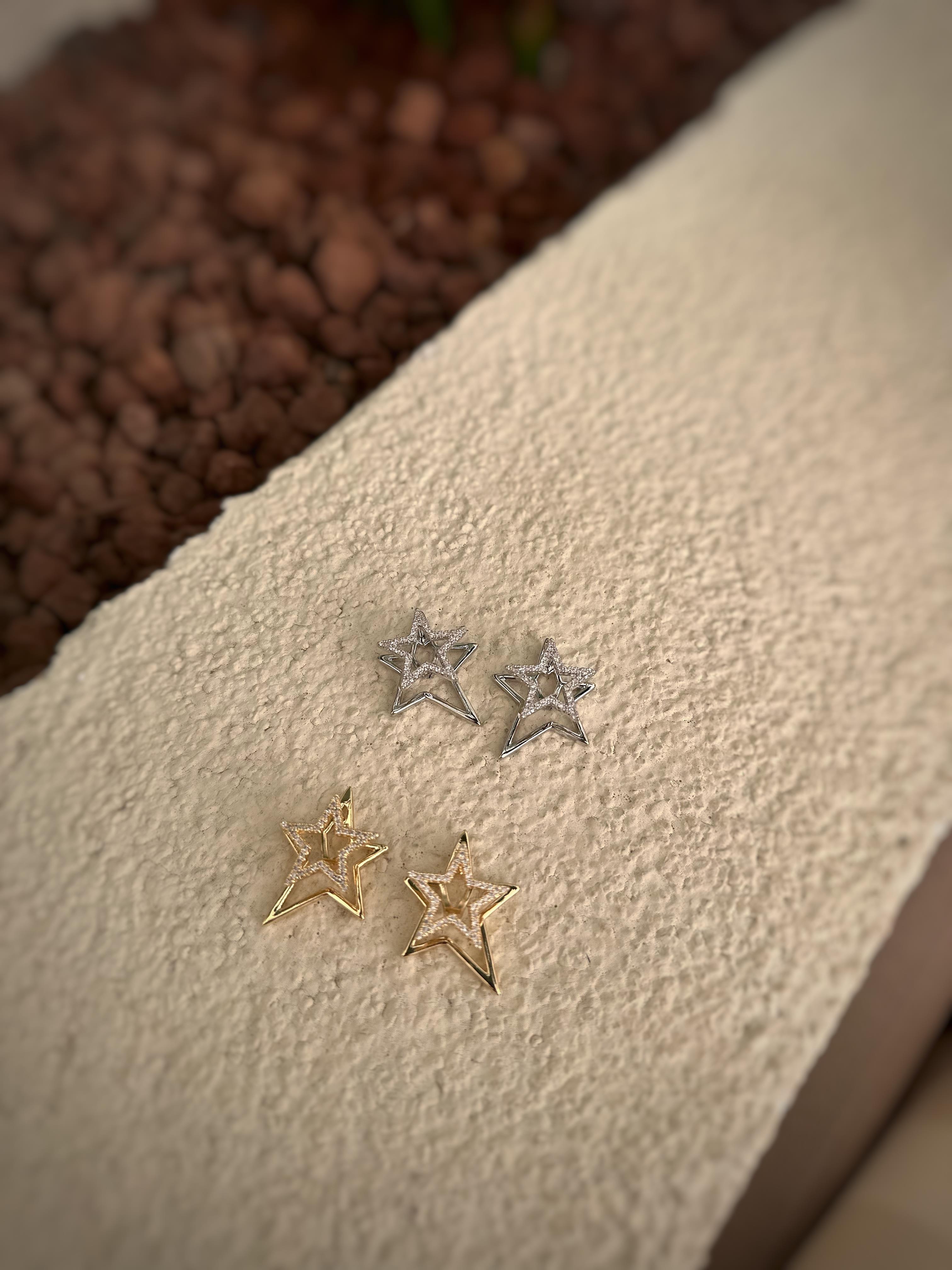 Zirkon Taşlı İkili Yıldız Çelik Küpe