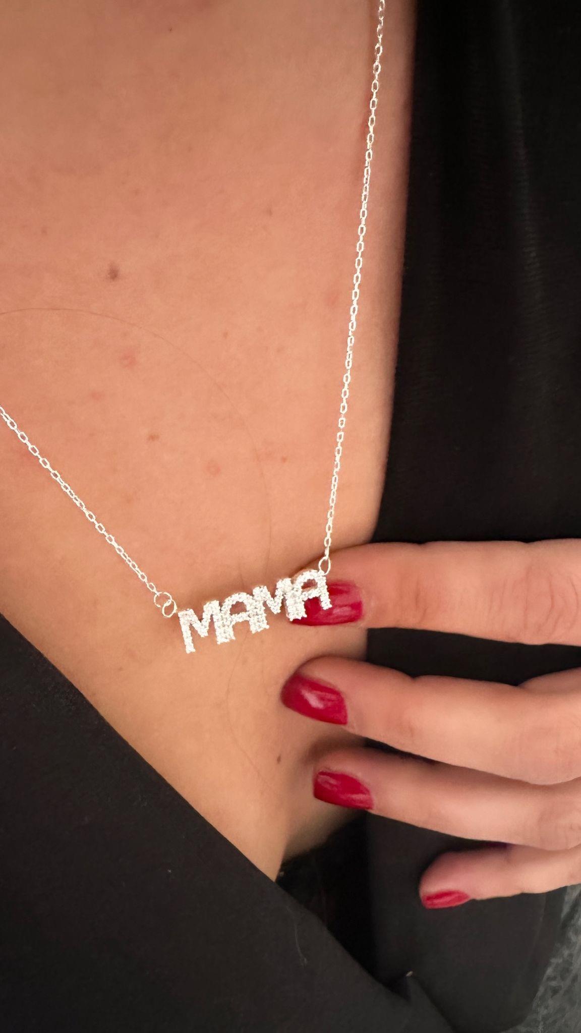 Zirkon Taşlı Mama Yazılı Gümüş Kolye