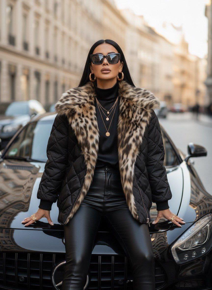 Leopar yakalı mont