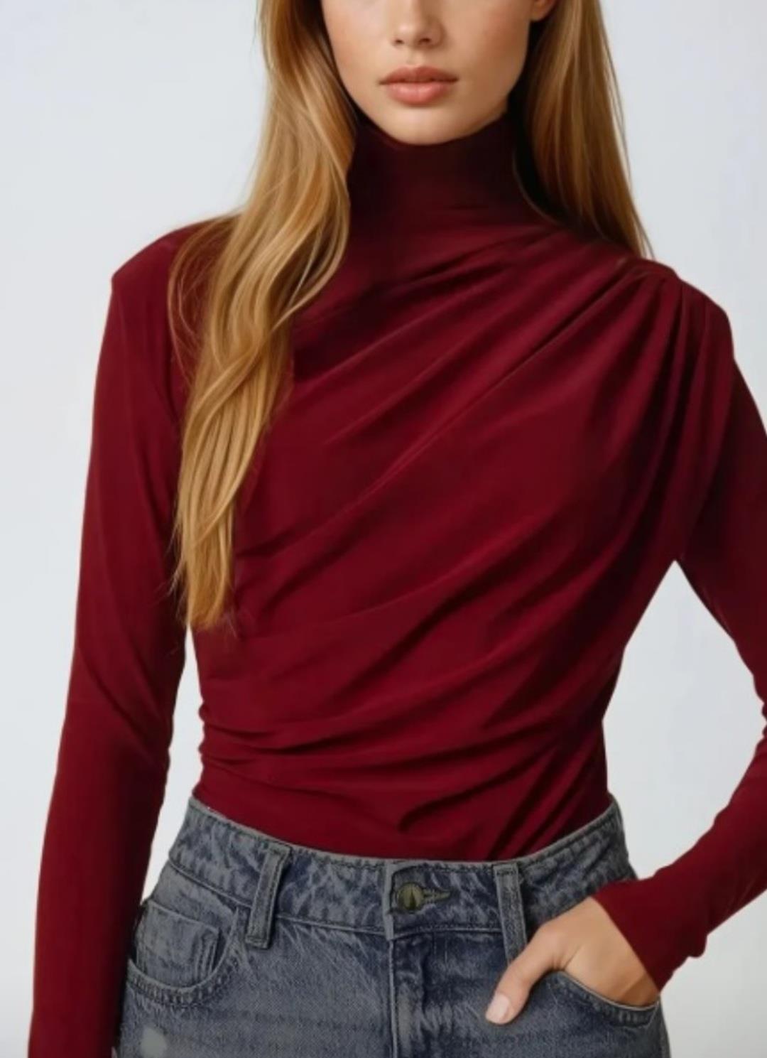 dik yakalı drape sandy bluz bordo