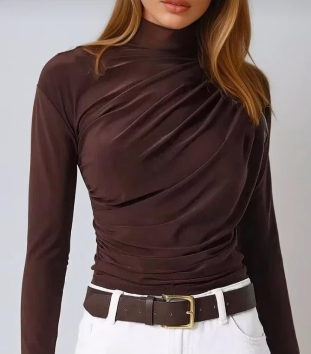 dik yakalı drape sandy bluz kahve