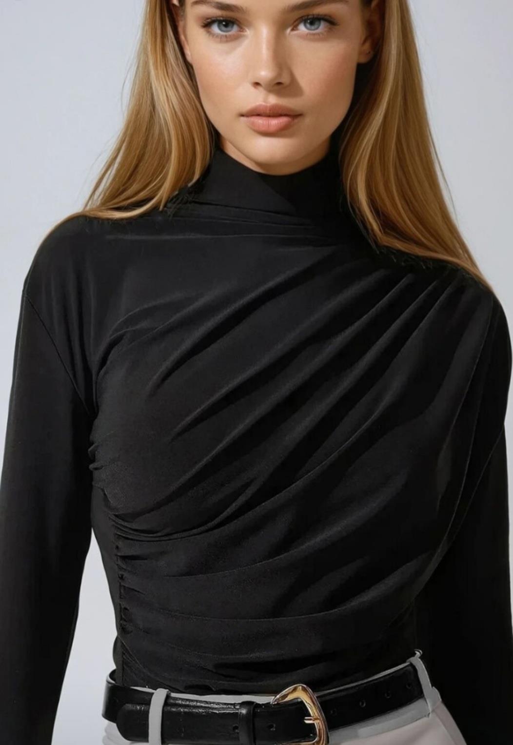 dik yakalı drape sandy bluz siyah