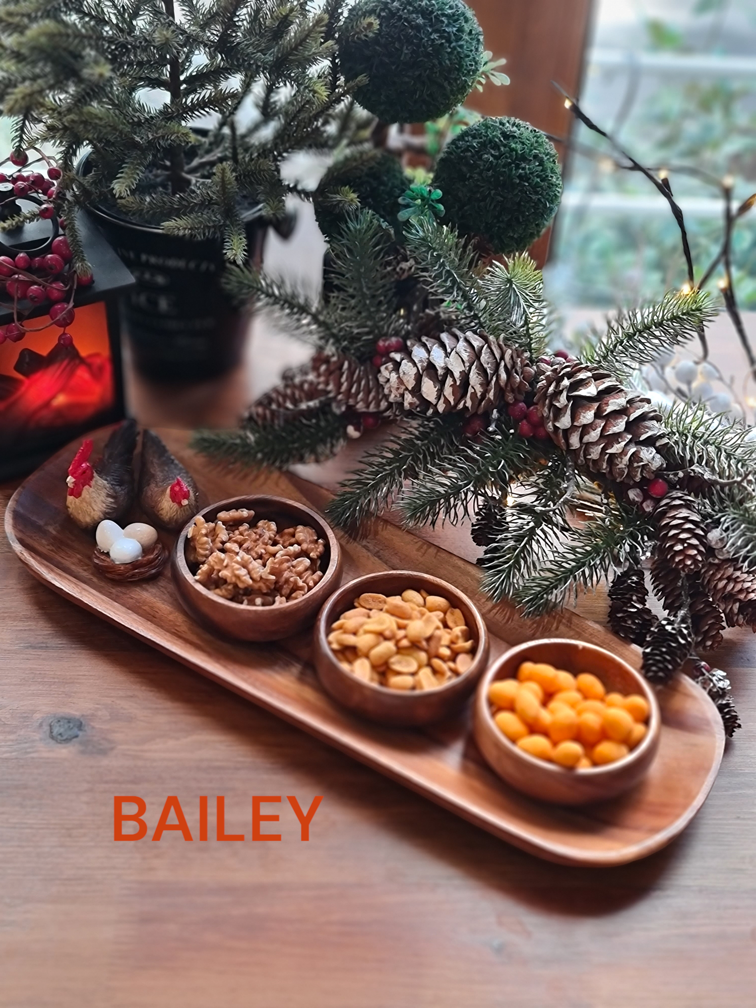 Horozlu 3 kaseli ahşap kuruyemişlik 47*17 cm