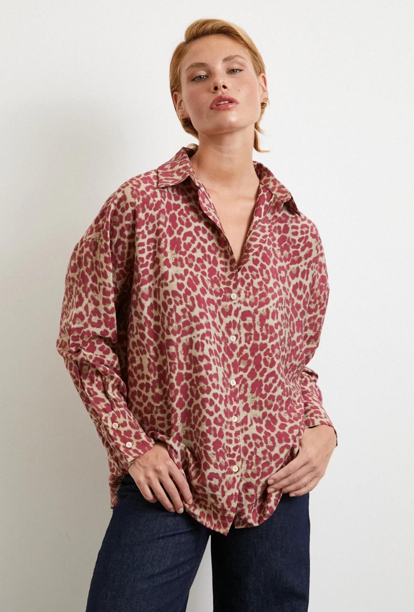 leopar bordo viskon gömlek