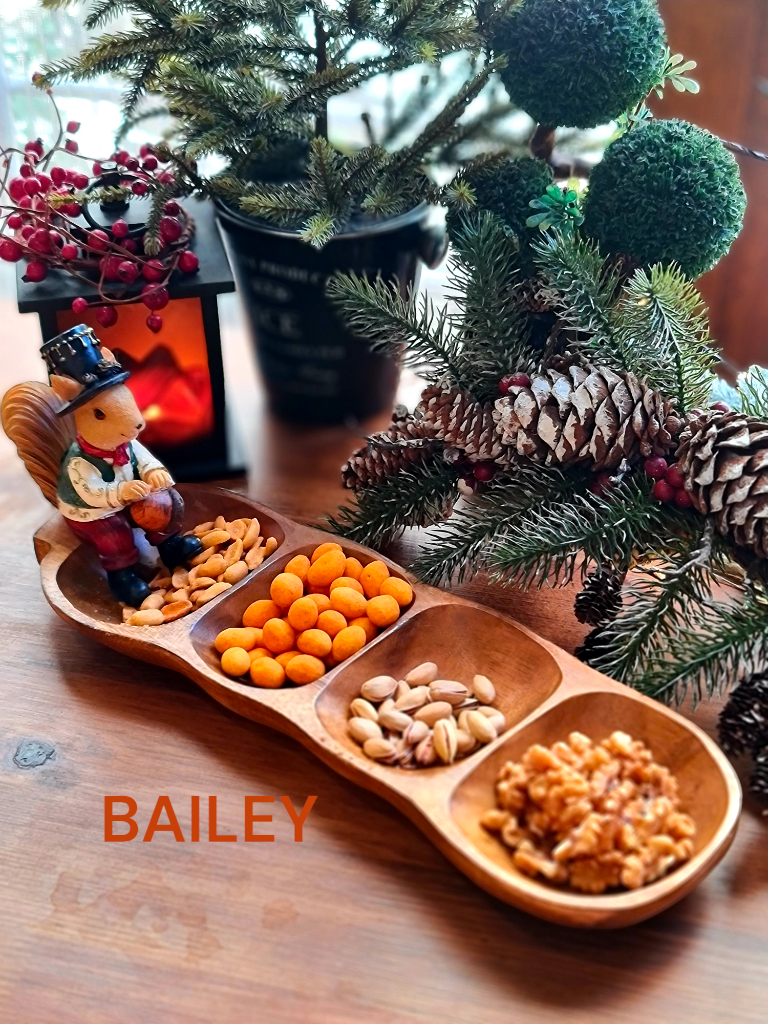 Şapkalı sincap 4 bölmeli ahşap kuruyemişlik 41*14cm