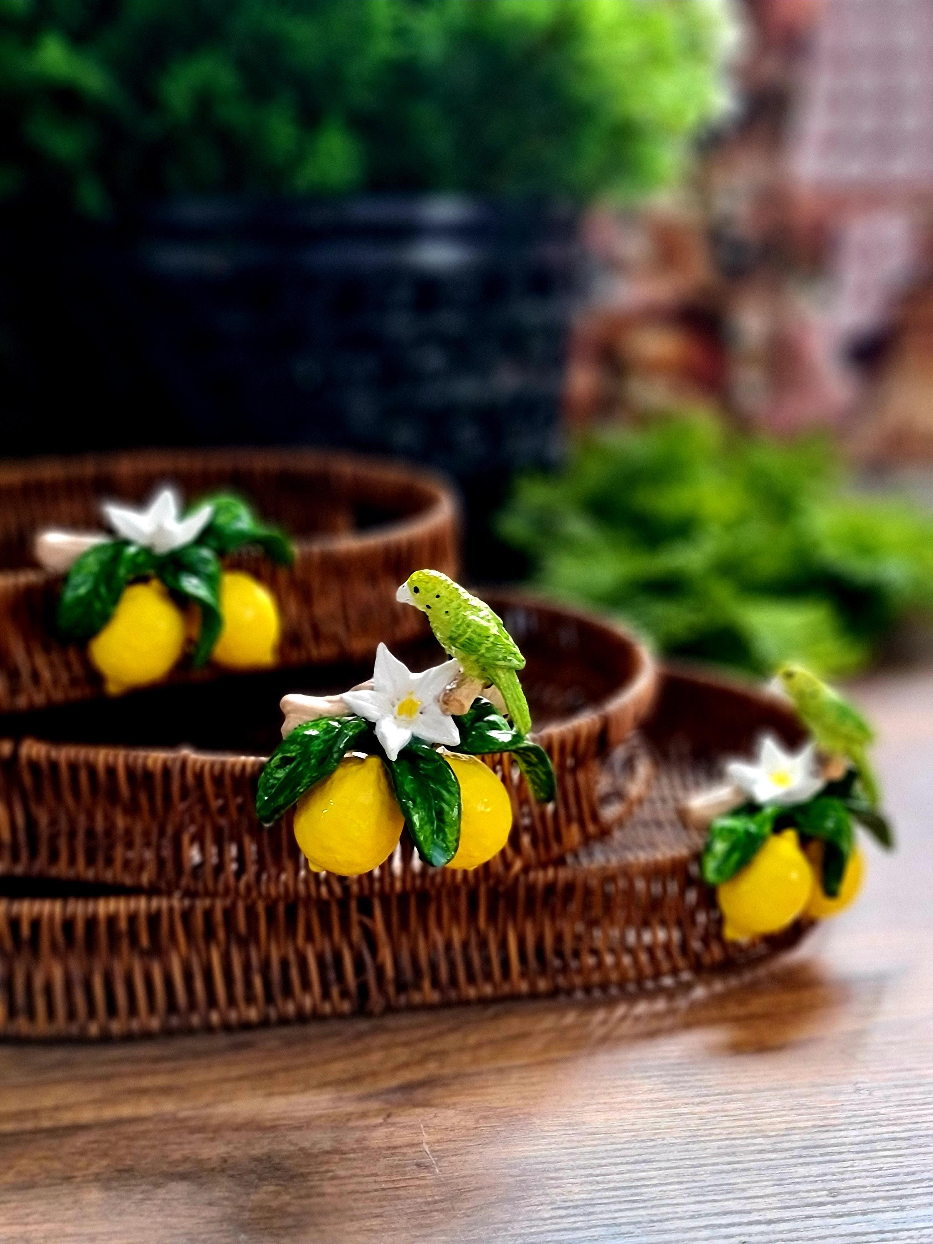 Seramik limonlu 3 lü rattan tepsi