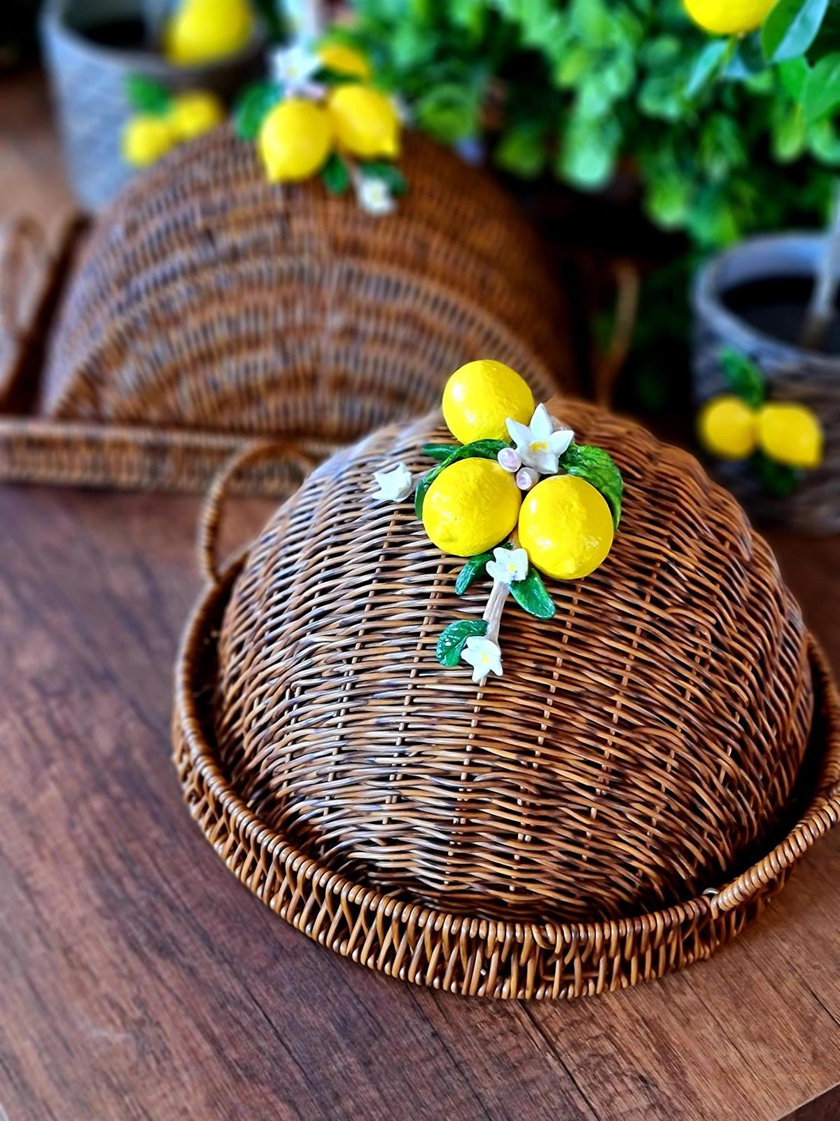 seramik limonlu rattan tepsili fanus 31 cm
