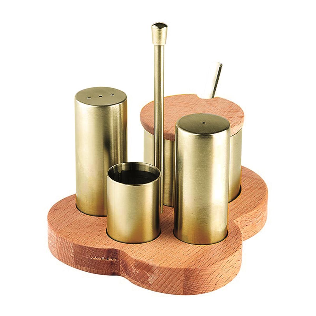 Biradlı Grv-246-Altın 4 Lü Tuzluk Baharatlık Takımı Standlı Altın 15X12,5 Cm BiradlıBR.GRV-246-ALTIN
