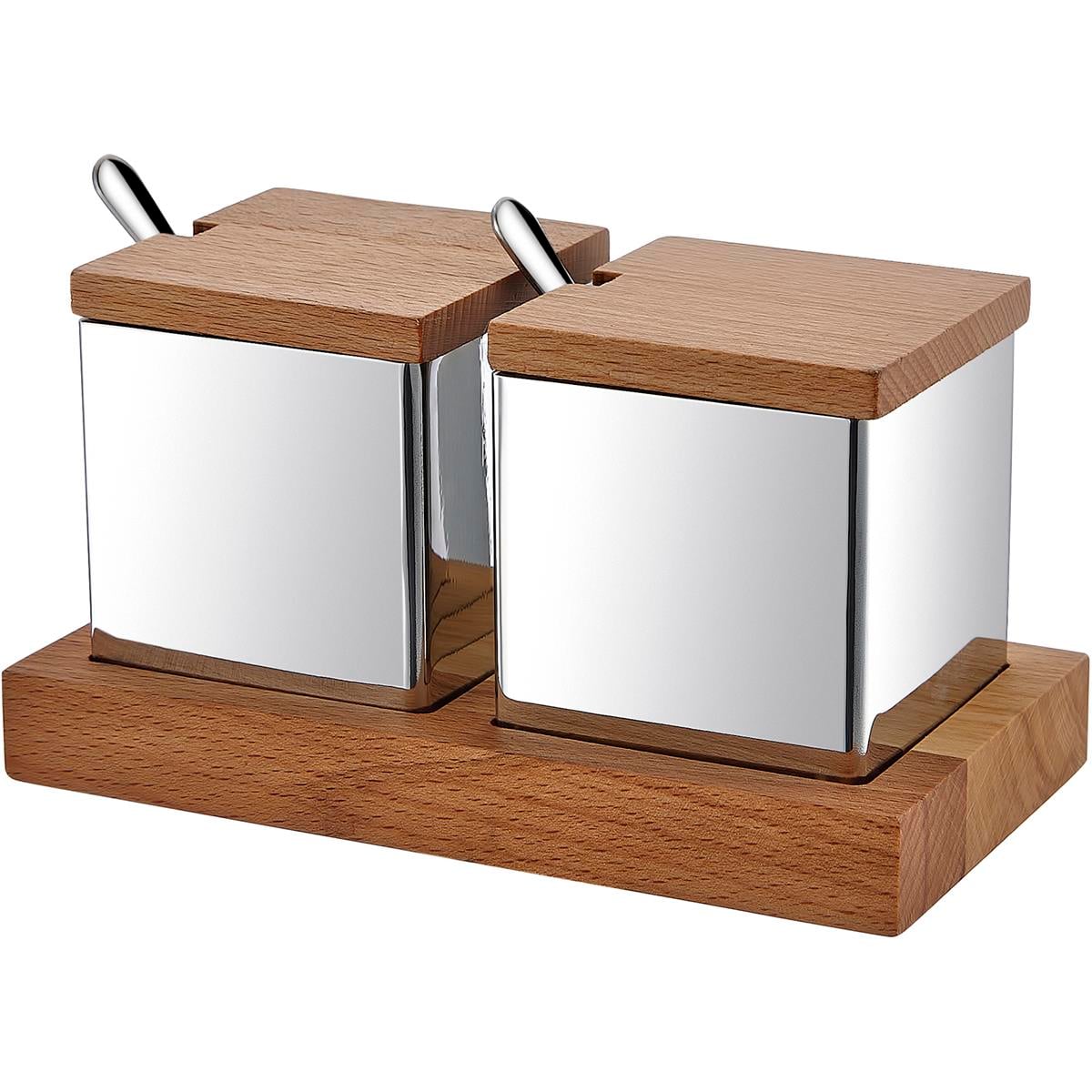 Biradlı Grv-55 Ahşap Standlı Kare 2 Li Baharatlık Takımı Mat-ParlakBiradlıBR.GRV-55